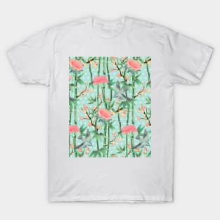 Bamboo, Birds and Blossom - soft blue green T-Shirt